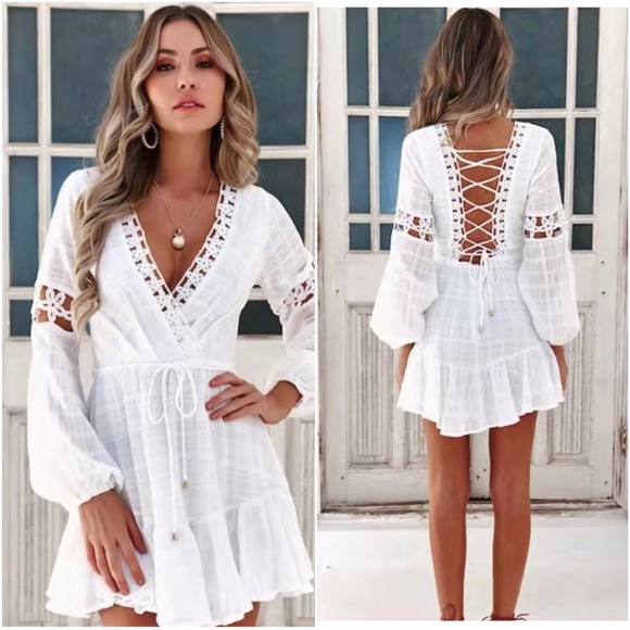 Dresses & Skirts - Boho Chic lace up back White Ruffle hem dr…